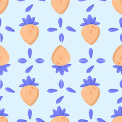 Seamless peach pattern with blue leaves on a soft pastel background. Ideal for fabric, wallpaper, packaging, and branding