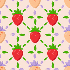 Seamless strawberry pattern with red and golden berries, green leaves, and lilac accents on a pastel background. Perfect for textile, packaging, wallpaper, and branding