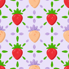 Seamless strawberry pattern with red and golden berries, fresh green leaves, and lilac accents on a soft background. Ideal for textiles, packaging, wallpaper, and branding