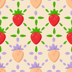Elegant seamless strawberry pattern featuring vibrant red and golden berries, fresh green leaves, and delicate lilac accents. Perfect for textiles, packaging, wallpapers, and branding