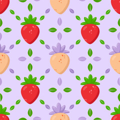 Seamless strawberry pattern featuring red and pastel berries with green leaves and soft purple accents on a lavender background. Perfect for textiles, wallpapers, packaging, gift wrapping