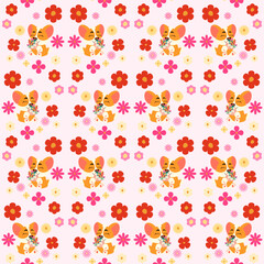 Bright seamless pattern featuring adorable corgis and colorful flowers on a soft pink background. Perfect for fabric, wrapping paper, wallpapers, greeting cards, and creative projects