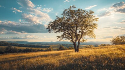 Fototapeta premium A single tree stands tall in a lush green meadow, with distant mountains creating a beautiful landscape