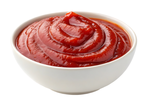 tomato sauce in a bowl, red ketchup in white bowl