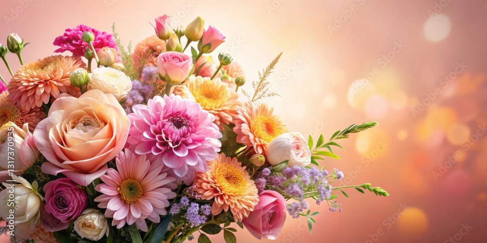Poster a colorful bouquet of flowers with soft pastel tones and a delicate floral arrangement on a bokeh ba