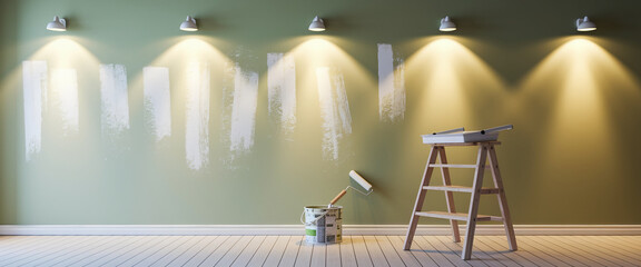Green wall with paint streaks, paint roller, paint can, and stepladder. Showcase of home renovation or DIY project, symbolizing home improvement and new beginnings