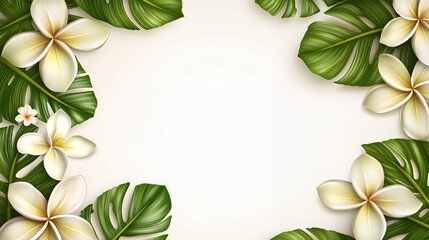 White Plumeria Flowers and Green Tropical Leaves Frame on White Background
