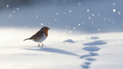 A small bird hopping through the snow-covered ground, leaving a trail of footprints behind, with a wintry forest and frozen landscape in the distance -A small bird hopping through the snow-covered gro
