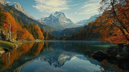 Obraz premium Autumnal alpine lake reflecting majestic peaks
