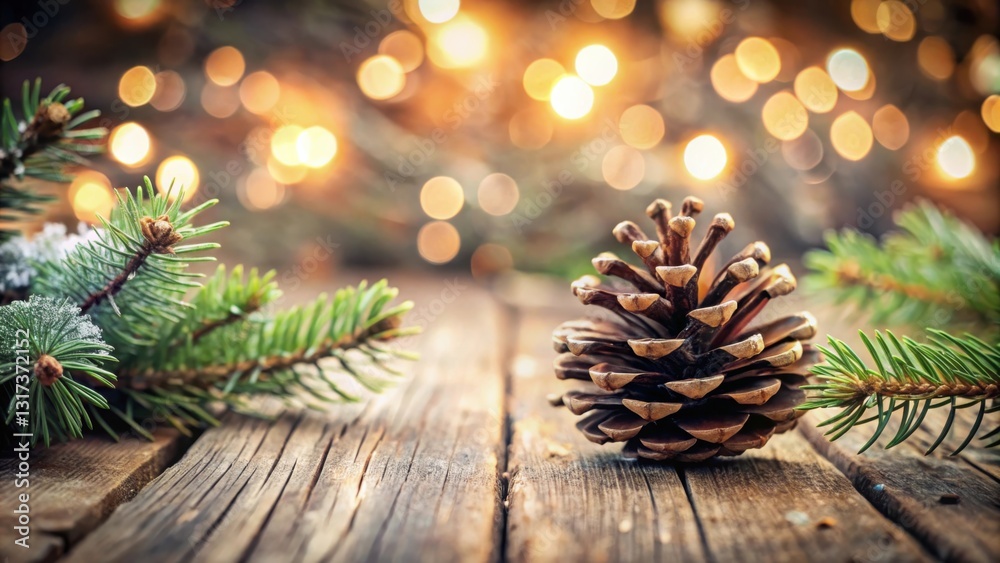 Poster a single pine cone nestled amongst pine branches with a bokeh background of warm, glowing lights.