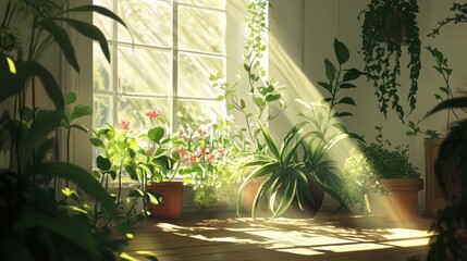 A serene garden with young plants emerging from the soil, surrounded by dewy leaves and early spring flowers blooming brightly in the background