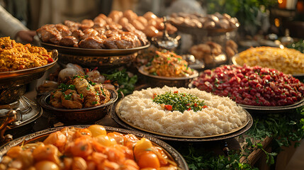 Feast of Flavors: A lavish spread of diverse, artfully arranged dishes, from savory stews to fluffy rice, adorns a table, inviting diners to a culinary adventure.