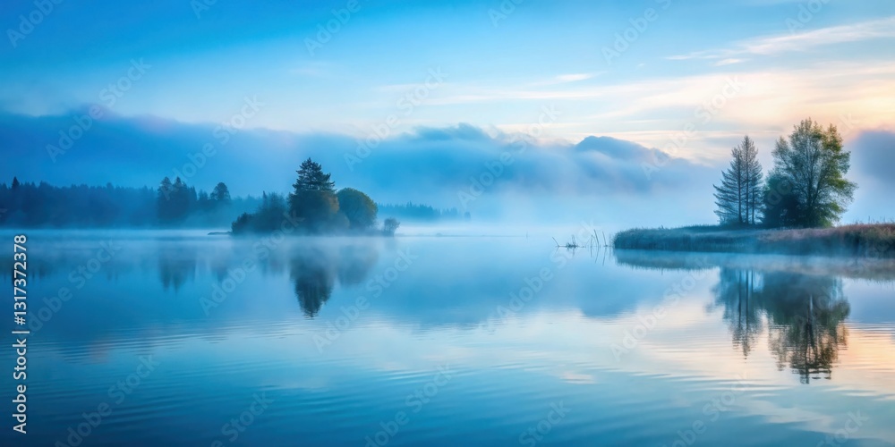 Aufkleber A serene lake mirroring the soft hues of a misty dawn with distant trees and a gentle breeze