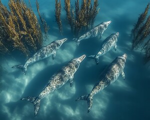 Underwater shot of a pod of four vaquita porpoises swimming amidst kelp.