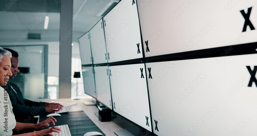 Aufkleber tracking markers, mockup space and business people by computer screen typing for research with stock