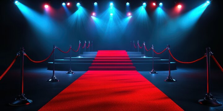 Brightly lit red carpet leading to spotlighted stairs in an event venue ready for arrivals