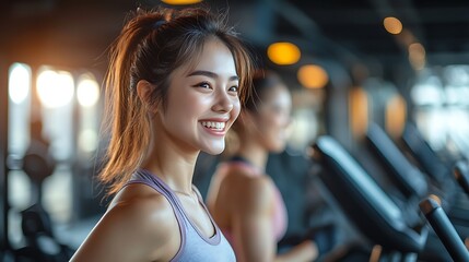 Fototapeta premium A happy and determined Asian woman mid-run on a treadmill, side profile close-up, laughing with her fitness friends, bright gym ambiance, warm overhead lighting creating a motivational setting,