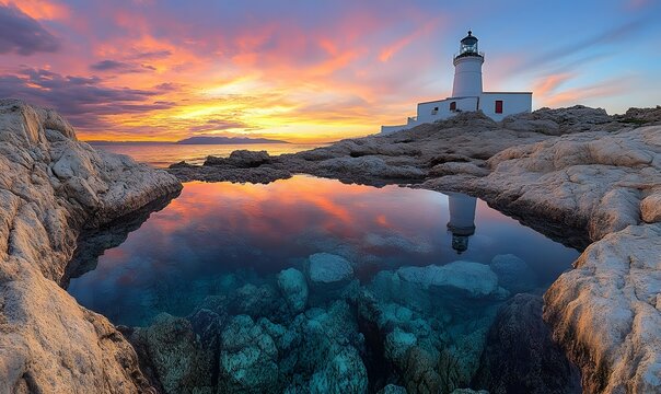 Lighthouse Reflecting in Tidal Pool at Majestic Sunset over Rocky Coastline