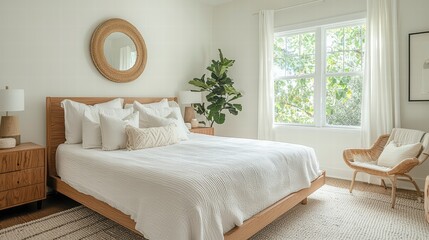 Fototapeta premium Serene Bedroom Retreat: This image evokes a sense of tranquility in a modern bedroom setting, featuring a minimalist bed and warm wooden elements, alongside a window bringing in natural light. 