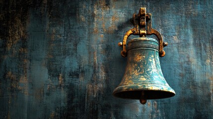 Obraz premium A decorative bell hangs from the side of a bright blue wall