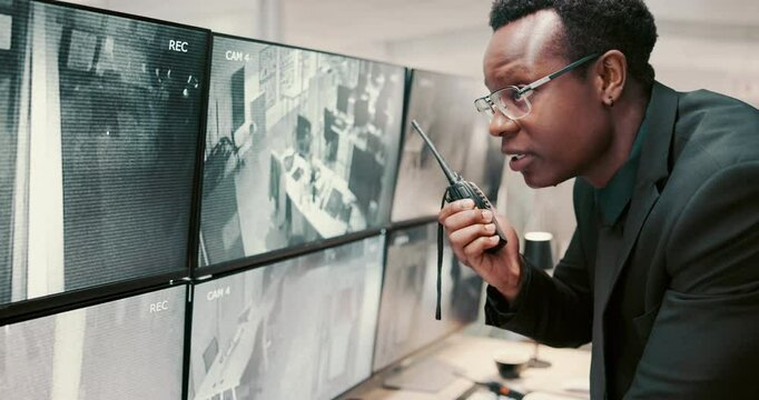 Black man, security guard and screen with radio for surveillance alert or building safety. Male person, CCTV operator or mall cop with speaker or display for communication, footage or observation