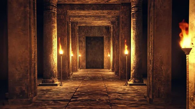 Ancient chamber illuminated by torchlight revealing intricate carvings and stone pillars, ancient chamber aglow with torchlight seamless ing background