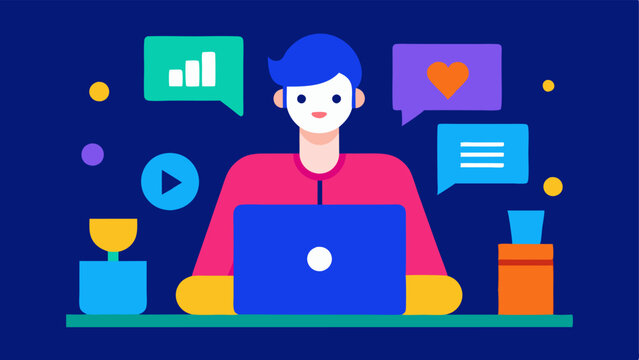 Live Demo A vector of a strategist hosting a live stream event on a laptop engaged with an audience while showcasing various products in a colorful interactive setup.