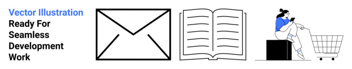 Minimalist design featuring a seated woman using a smartphone near a shopping cart, an envelope icon, and an open book. Ideal for e-commerce, education, messaging, communication, learning, marketing
