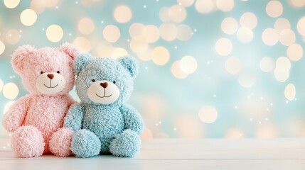 Fototapeta premium Soft and Cuddly Teddy Bears on a Gentle Background with Blurry Lights