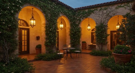 Fototapeta premium Inviting Courtyard with Arches, Vines, Lighting and Table Setting