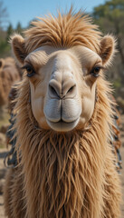 Obraz premium A camel with fluffy fur and friendly eyes against the background of a desert landscape. The bright sky and warm sun create a calm atmosphere.