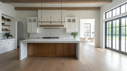 Modern White Kitchen With Island Wood Accents and Open Floor Plan in a Luxury Home