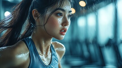 A powerful and athletic Asian woman running in a gym class, side profile close-up, beads of sweat dripping, strong arms moving rhythmically, gym lights casting depth and contrast,