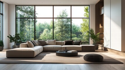 Modern living Room with Forest View: A contemporary living room, featuring a luxurious beige sofa and large windows that offer stunning panoramic views of a lush green forest.