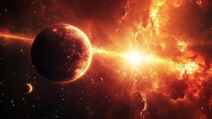 Obraz premium Fiery Cosmic Collision A Planetary Explosion In A Nebula Of Intense Orange And Red Hues