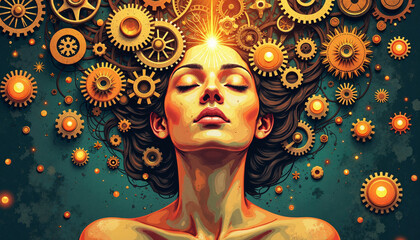Woman in deep spiritual trance with glowing gears, mystical connection