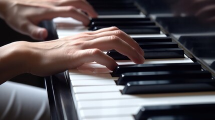 Obraz premium Piano Keys Close-up: Hands Playing a Melody