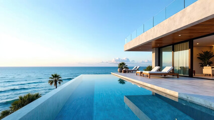 Fototapeta premium Modern luxury villa with an infinity pool overlooking the ocean, featuring minimalist architecture and sun loungers. Real estate, travel, vacation, and high-end lifestyle concepts. Copy space.