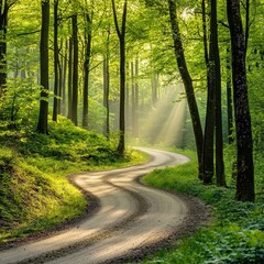 Obraz premium Winding path through lush green forest with sunbeams