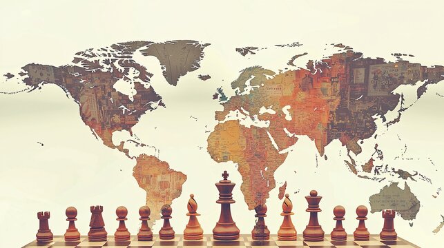 detailed double exposure of a chessboard merging with a world map, illustrating global business strategies and market expansion. Copy space. [Chess Pieces]:[Business Battle] chessboard, world 