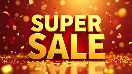 SUPER SALE text on the festive golden background with flying confetti. Discount events and social media marketing. Retail promotions. Big Sale Offer.