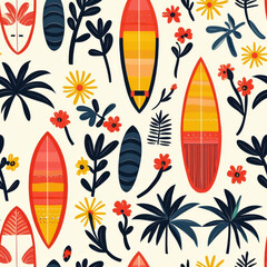 Colorful surfboards and tropical plants in seamless summer pattern