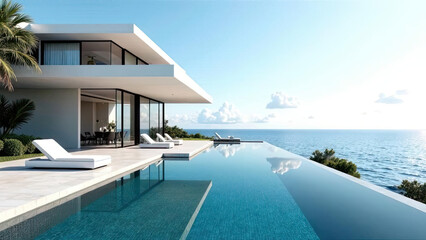 Fototapeta premium Modern villa. Pool and ocean sea water house background. Tourism concept.