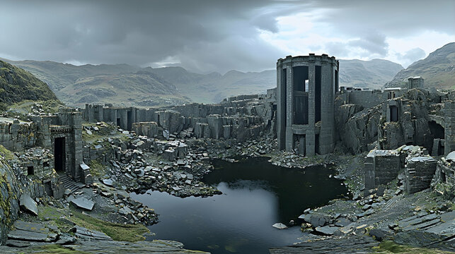 Dramatic Welsh slate quarry landscape; stormy sky, abandoned buildings, tranquil lake; ideal for adventure, travel, or industrial history websites