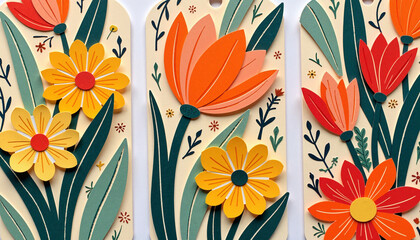 Colorful flower seed packets in mixed media collage style, handcrafted design