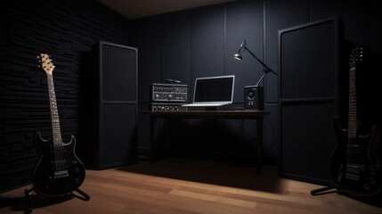 Dark Studio Music Recording Space with Guitars and Equipment