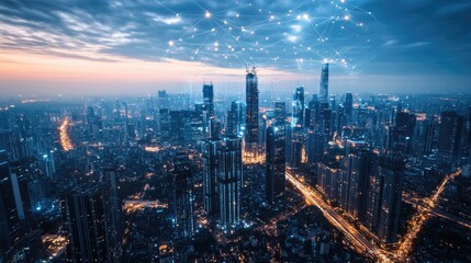 Fototapeta premium Illuminated Metropolis, A Nighttime Panorama of Urban Connectivity