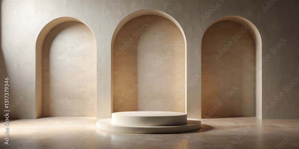 Poster a simple minimalist studio scene with a two-tier circular pedestal in front of three arched recesses