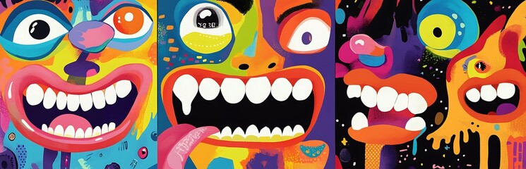 Abstract shapes, funny comic cute cartoon characters and doodles. Trendy modern illustration for poster, postcard or background