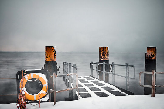 A snow-covered jetty in winter on the Baltic Sea in the fog.